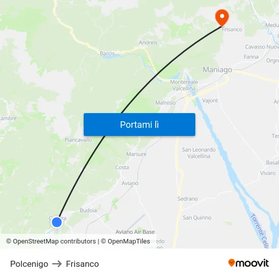 Polcenigo to Frisanco map