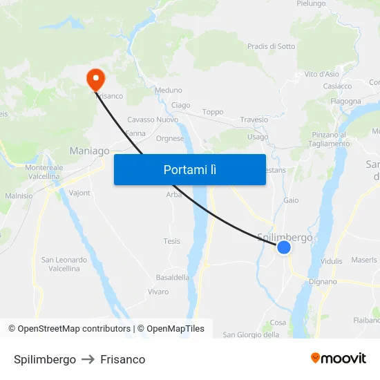 Spilimbergo to Frisanco map