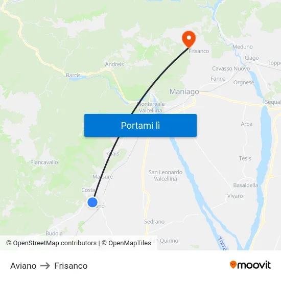 Aviano to Frisanco map