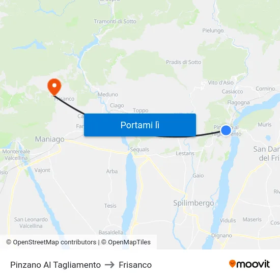 Pinzano Al Tagliamento to Frisanco map