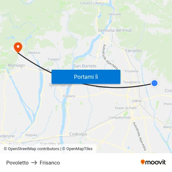 Povoletto to Frisanco map