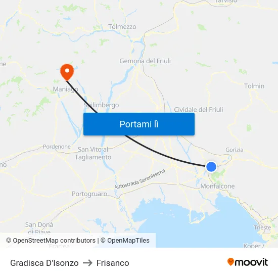 Gradisca D'Isonzo to Frisanco map