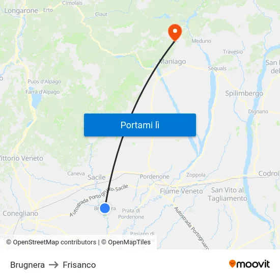 Brugnera to Frisanco map
