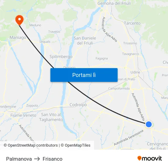 Palmanova to Frisanco map