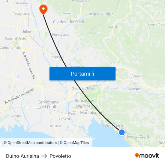 Duino-Aurisina to Povoletto map