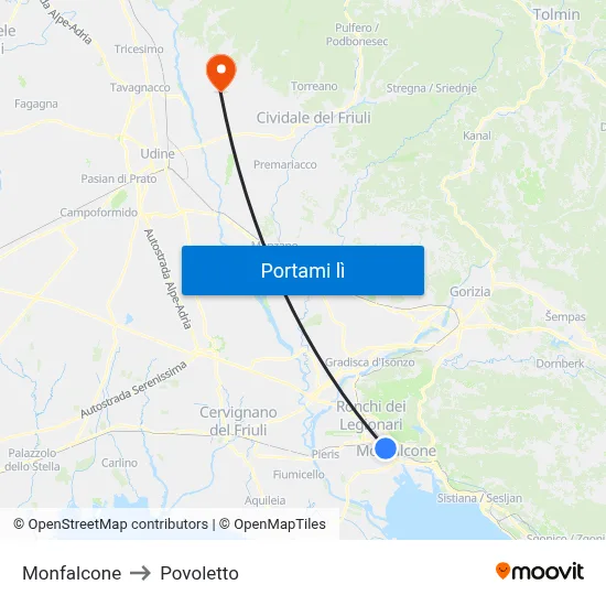 Monfalcone to Povoletto map