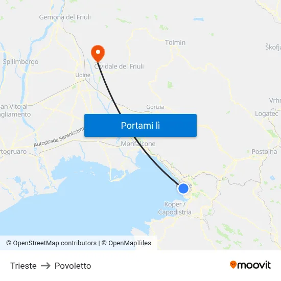 Trieste to Povoletto map