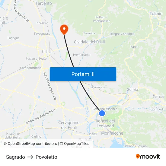Sagrado to Povoletto map