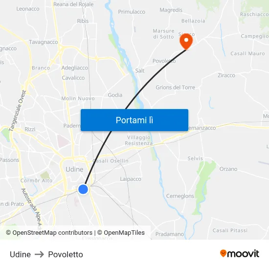 Udine to Povoletto map