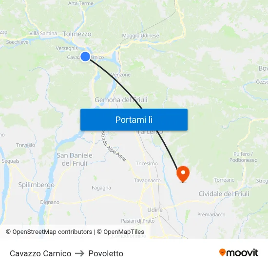 Cavazzo Carnico to Povoletto map