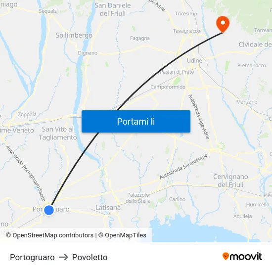 Portogruaro to Povoletto map