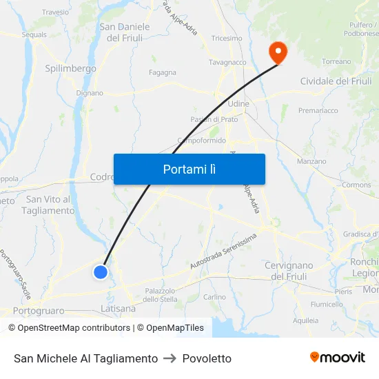 San Michele Al Tagliamento to Povoletto map