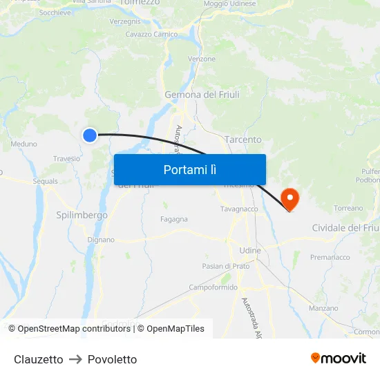 Clauzetto to Povoletto map