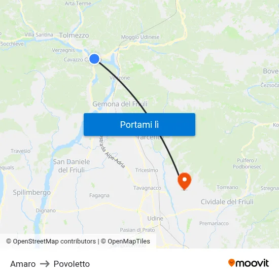 Amaro to Povoletto map