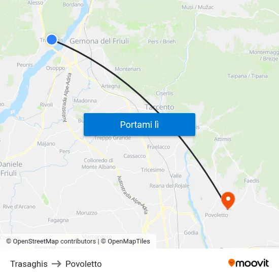 Trasaghis to Povoletto map