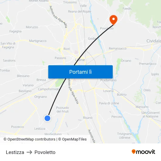 Lestizza to Povoletto map