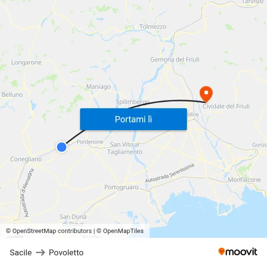 Sacile to Povoletto map