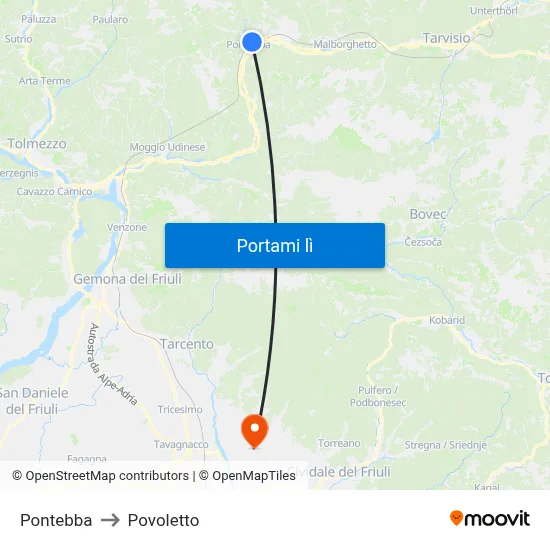 Pontebba to Povoletto map