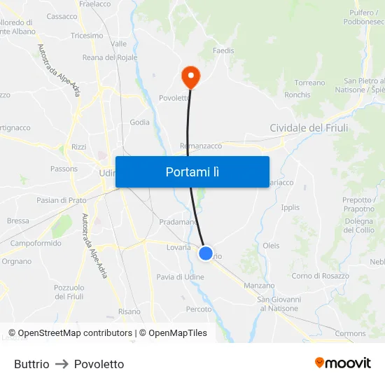Buttrio to Povoletto map
