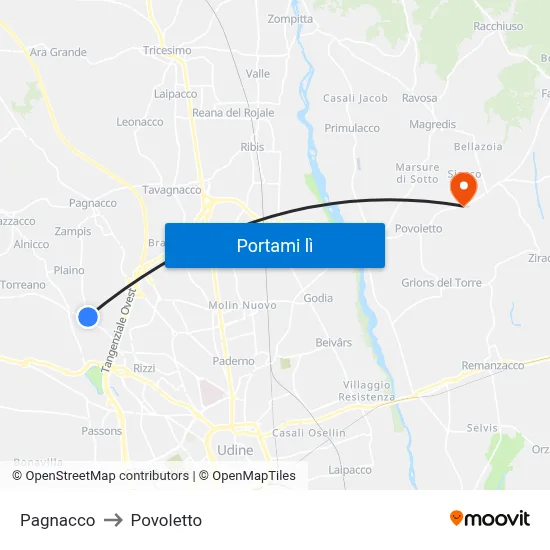 Pagnacco to Povoletto map