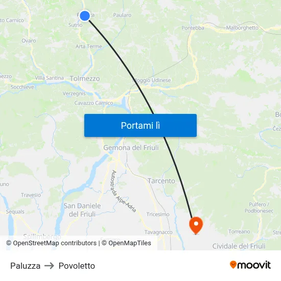 Paluzza to Povoletto map