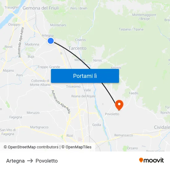 Artegna to Povoletto map