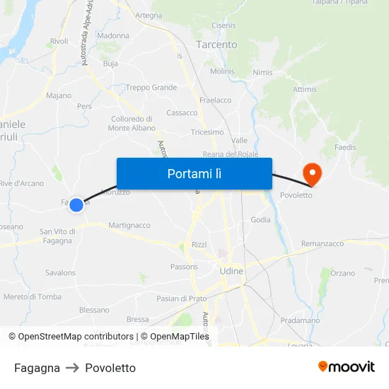 Fagagna to Povoletto map