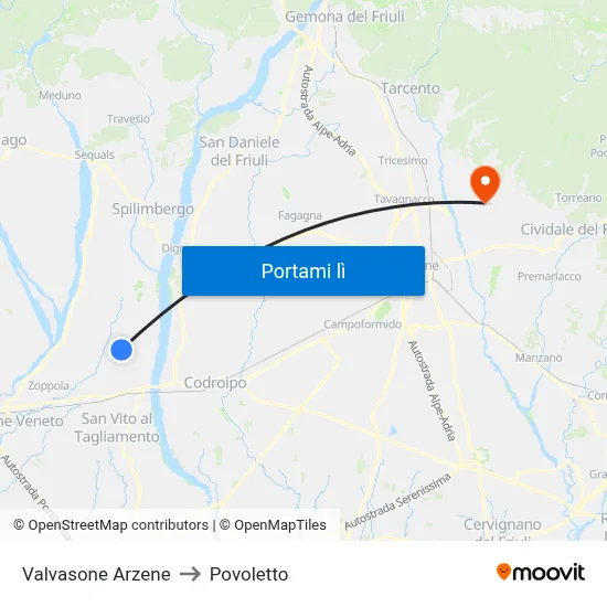Valvasone Arzene to Povoletto map