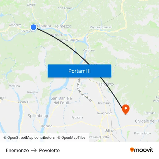 Enemonzo to Povoletto map