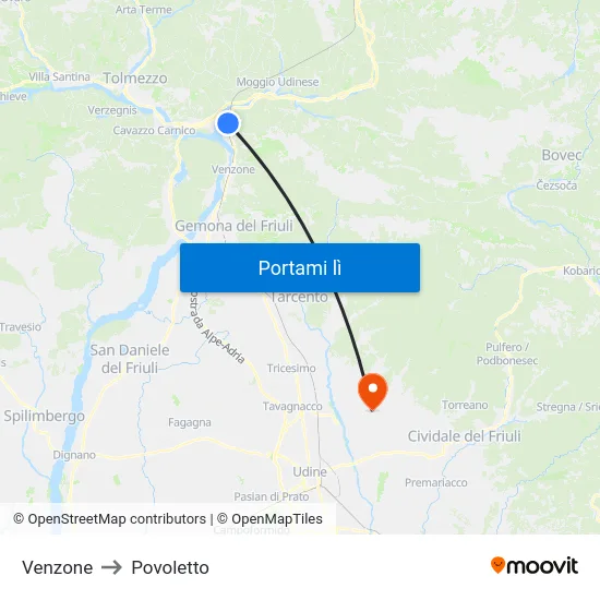 Venzone to Povoletto map