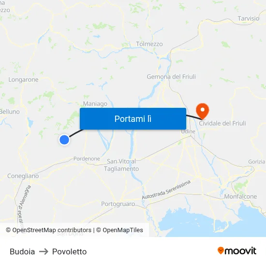 Budoia to Povoletto map