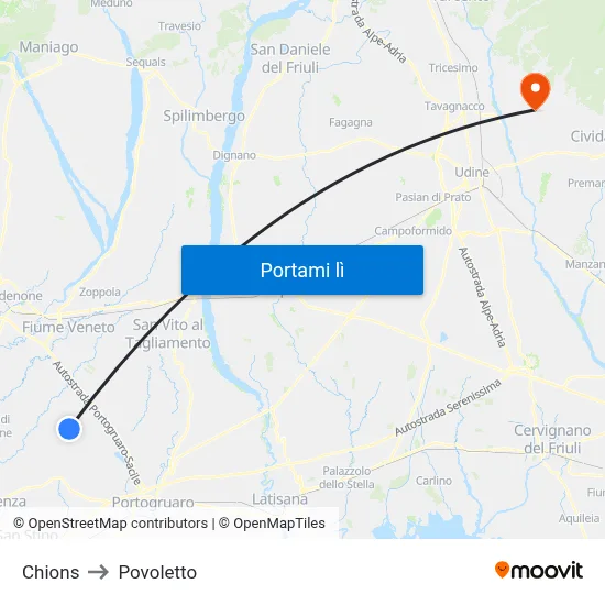 Chions to Povoletto map