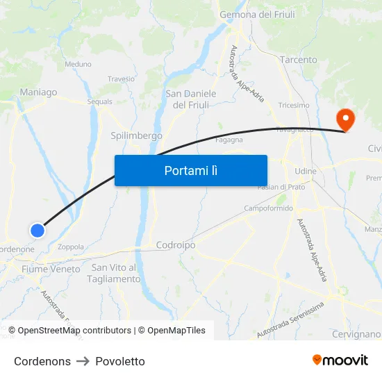 Cordenons to Povoletto map