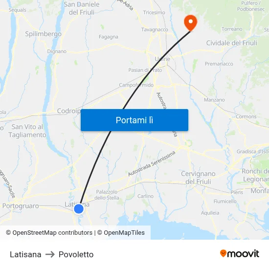 Latisana to Povoletto map