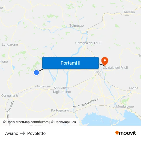 Aviano to Povoletto map