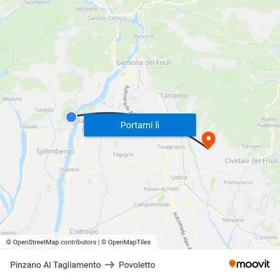 Pinzano Al Tagliamento to Povoletto map
