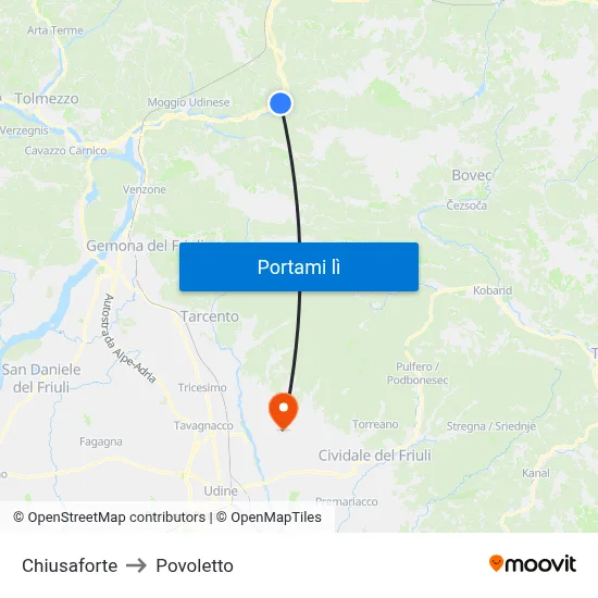 Chiusaforte to Povoletto map