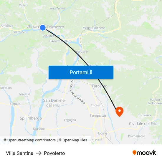 Villa Santina to Povoletto map