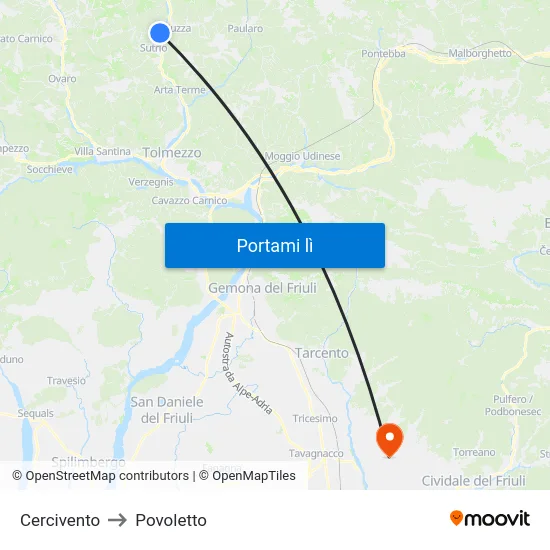 Cercivento to Povoletto map
