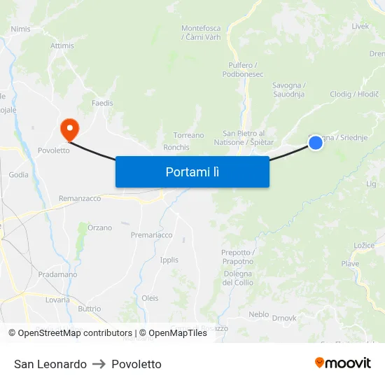 San Leonardo to Povoletto map