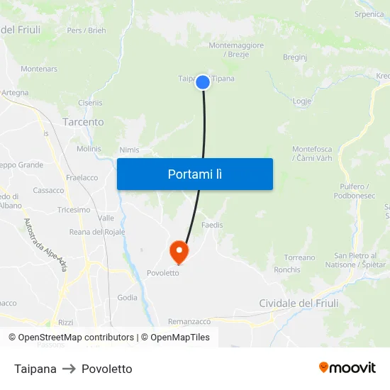 Taipana to Povoletto map