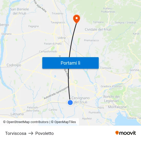 Torviscosa to Povoletto map
