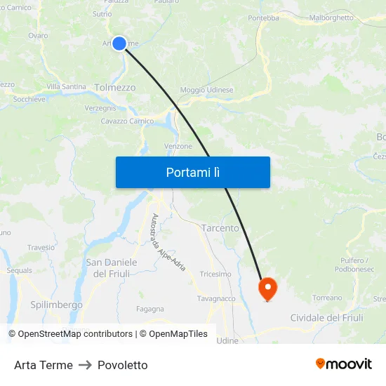 Arta Terme to Povoletto map