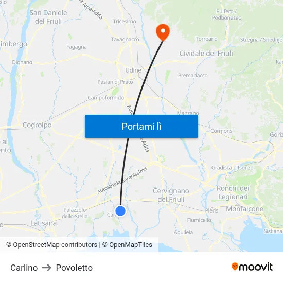 Carlino to Povoletto map