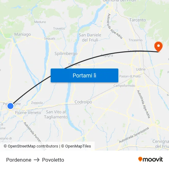 Pordenone to Povoletto map