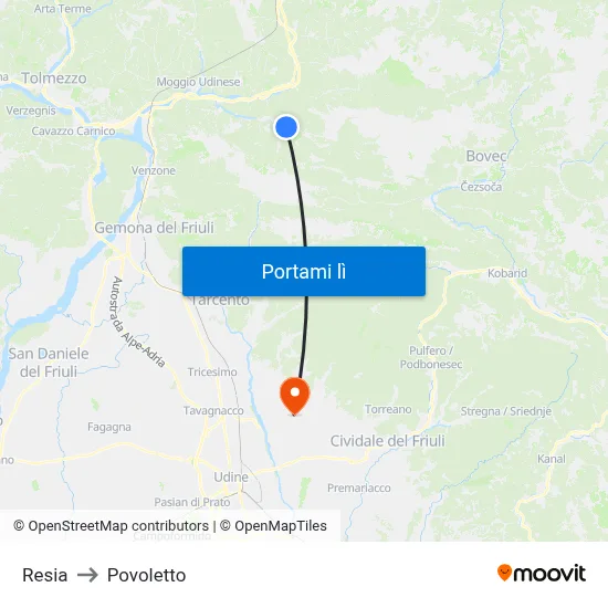 Resia to Povoletto map