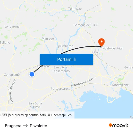 Brugnera to Povoletto map