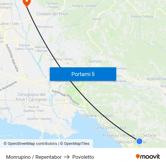 Monrupino / Repentabor to Povoletto map