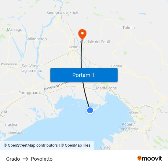 Grado to Povoletto map