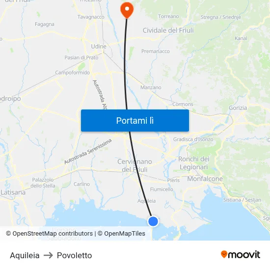 Aquileia to Povoletto map